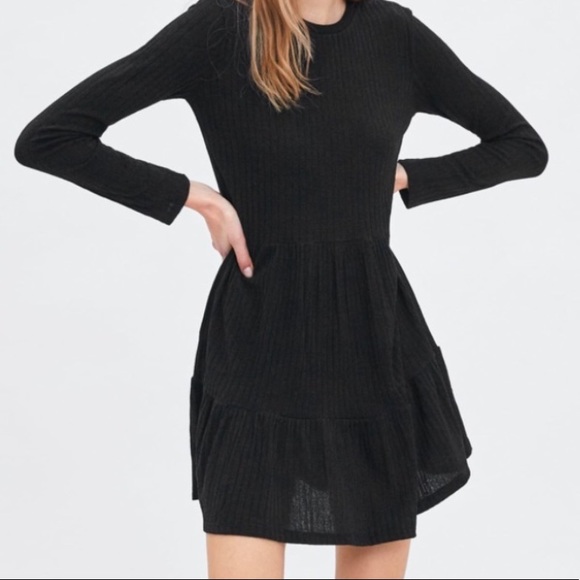 Zara Black Ribbed Ruffle Dress - Picture 3 of 6